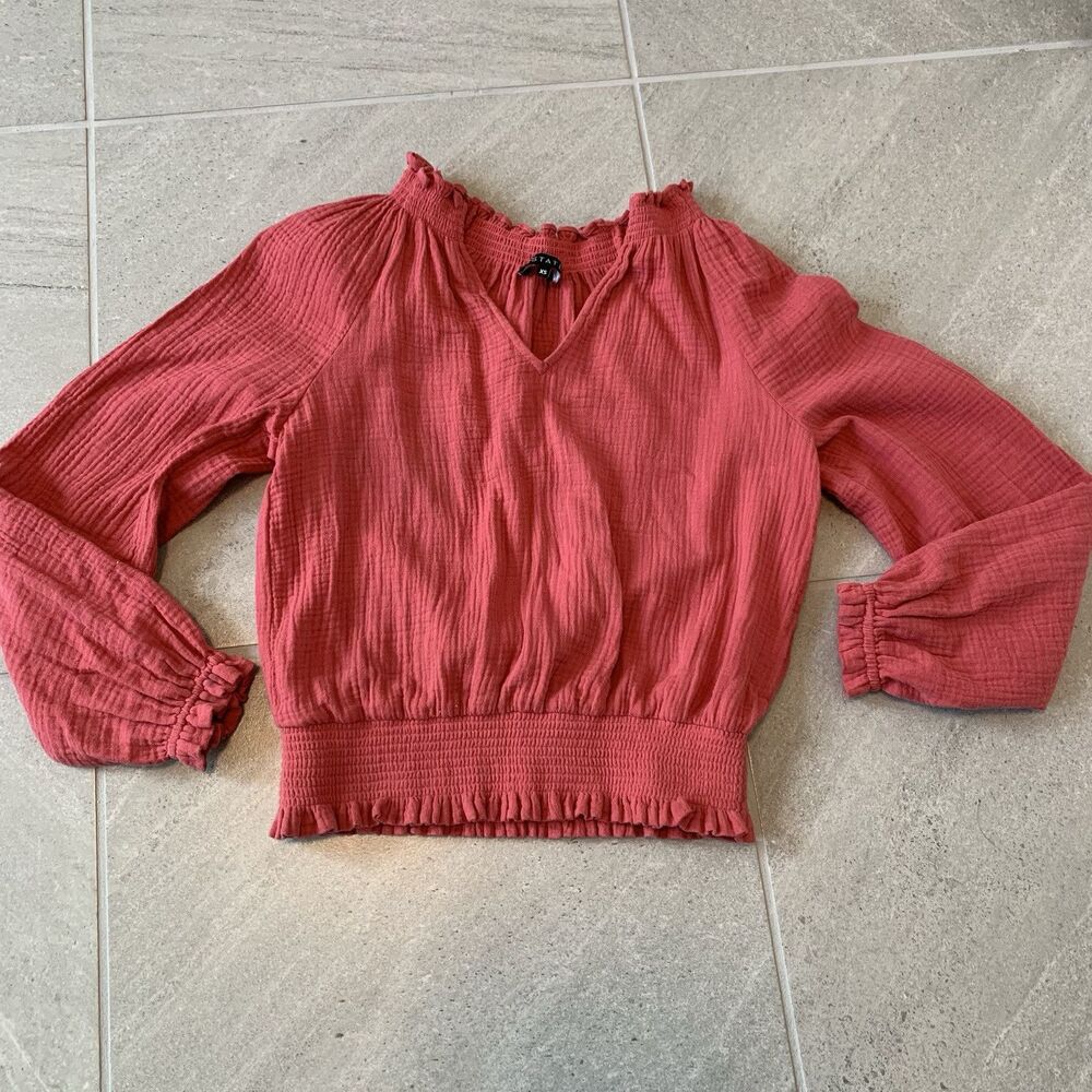 1.State Coral Red Pink  Long Sleeve Top Blouse Siz XS